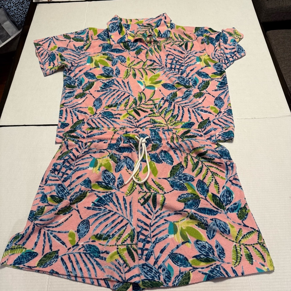 Cuddl Duds Sleep Short Sleeve & Shorts Set Terry Cloth- Bermuda Tropical Size XL